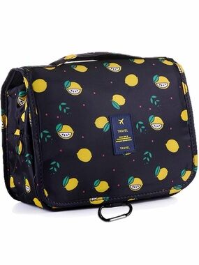 Travel Black hanging Toiletry Bag with Yellow Lemon Print multiple pockets